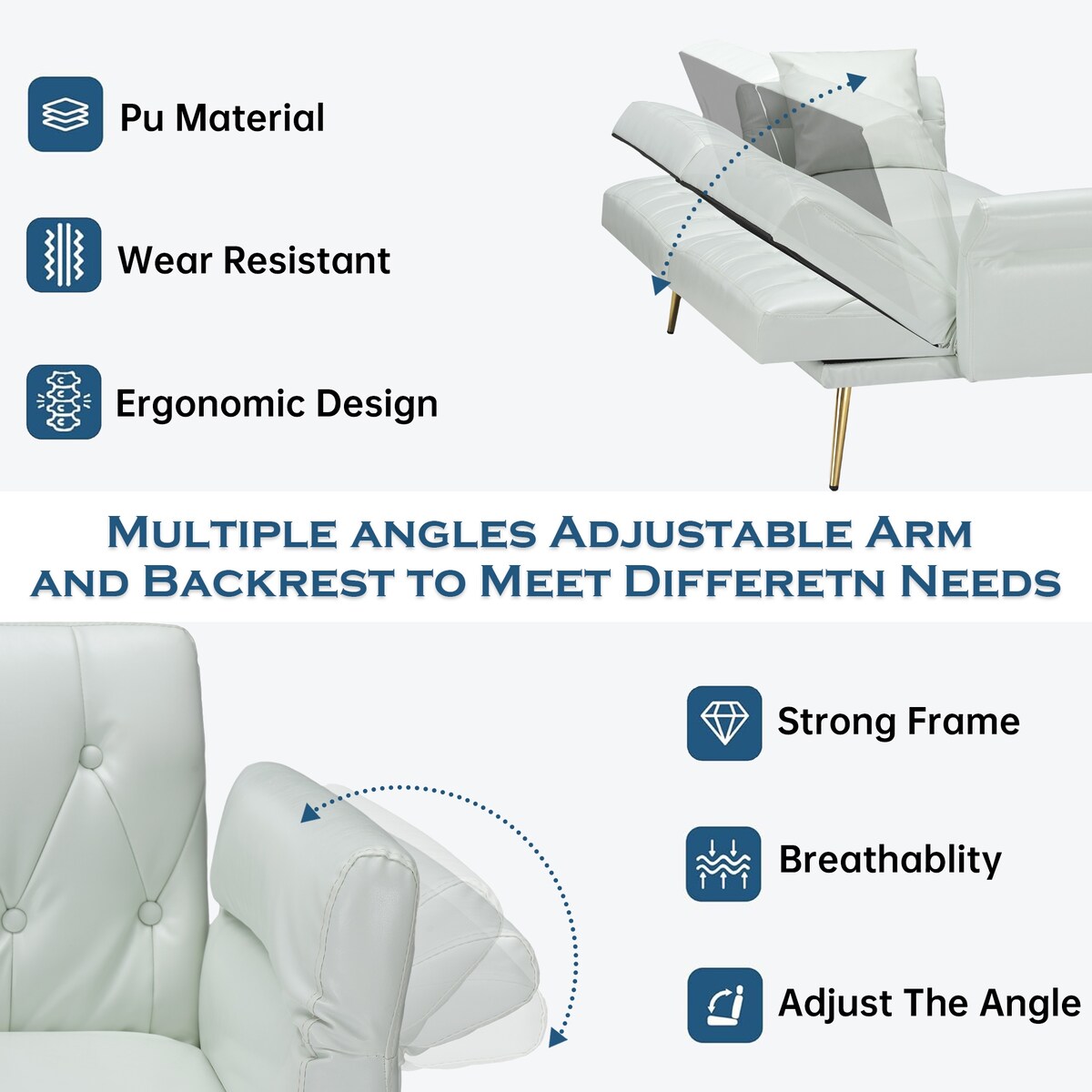 Extra Comfort Modern Style Faux Leather Sofa Bed with Adjustable Backrest and Armrest
