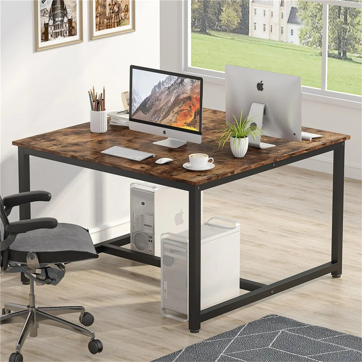 Extra Large Double Computer Desk with Shelves,Two Person Desk