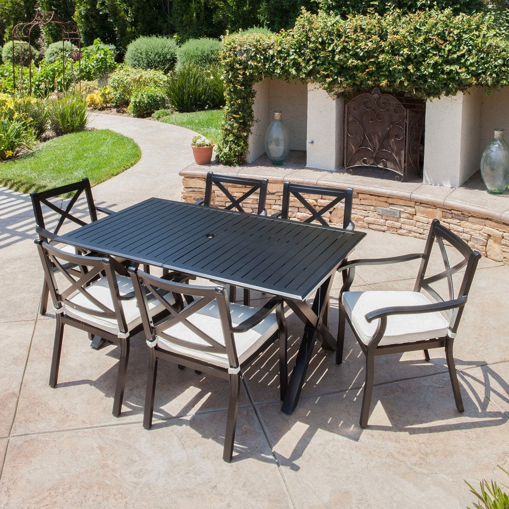 Exuma Outdoor Black Cast Aluminum Dining Set with Ivory Water Resistant Cushions by Christopher Knight Home