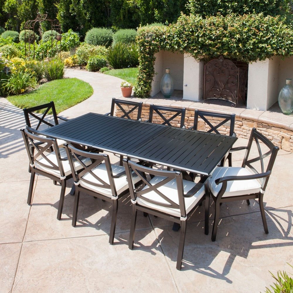 Exuma Outdoor Black Cast Aluminum Dining Set with Ivory Water Resistant Cushions by Christopher Knight Home