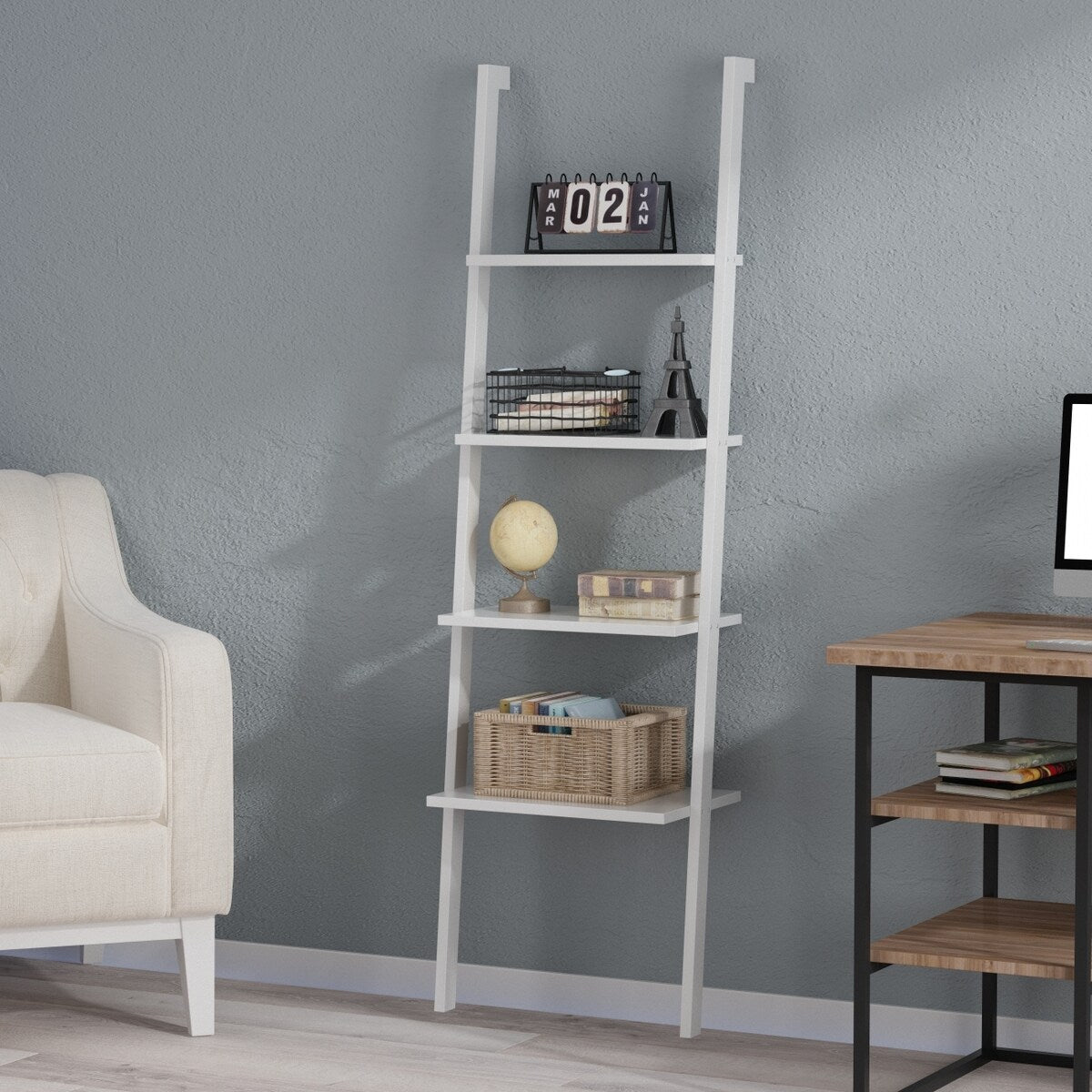 Timechee 4-Tier Bookshelf Leaning Ladder in White - Standard