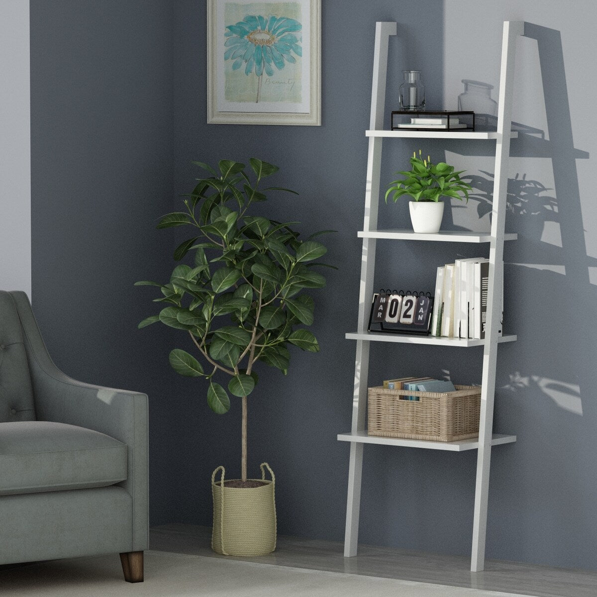 Timechee 4-Tier Bookshelf Leaning Ladder in White - Standard