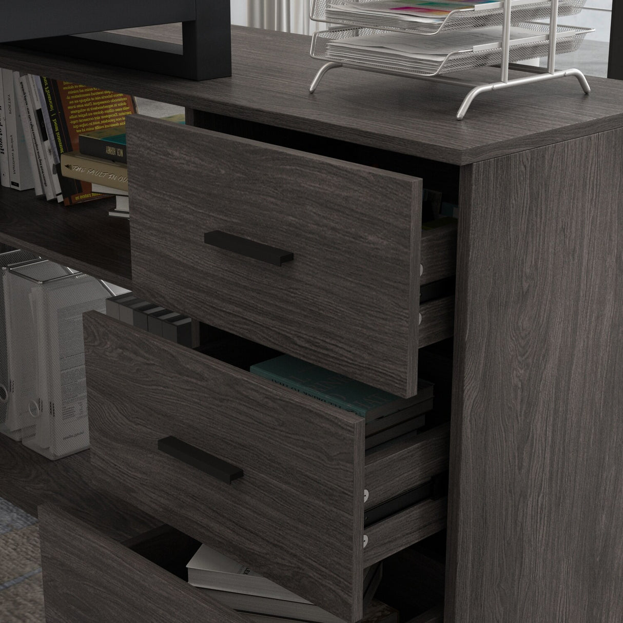 Timechee 55-inch L Shaped Office Computer Desk w/ Drawers, Grey Bron