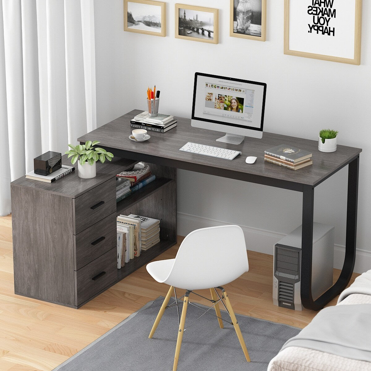 Timechee 55-inch L Shaped Office Computer Desk w/ Drawers, Grey Bron