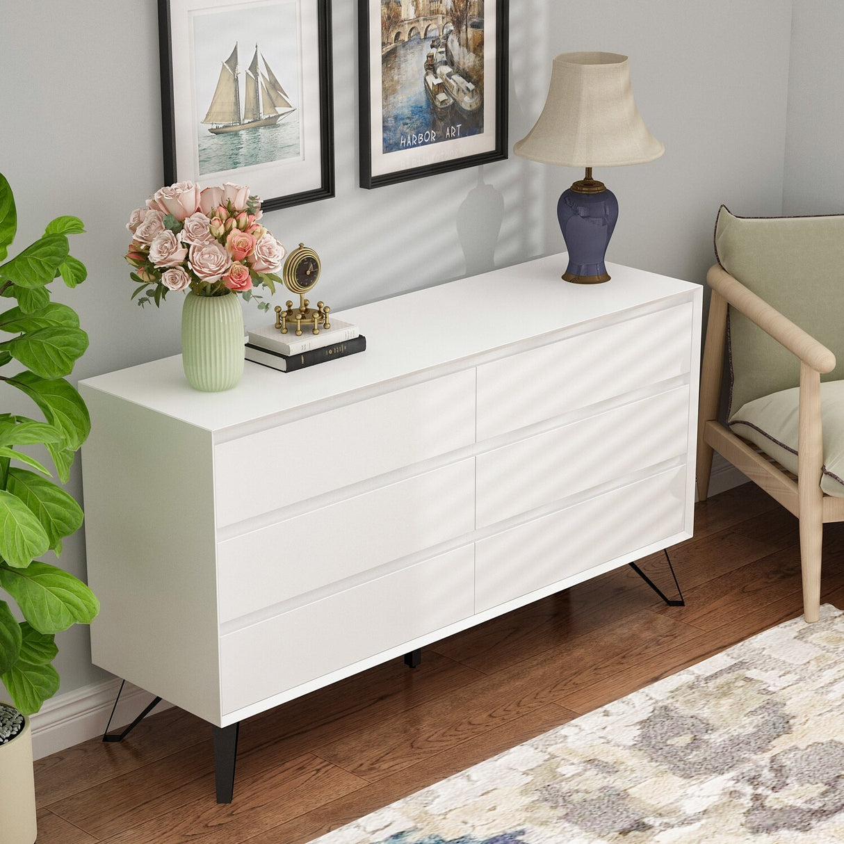 54'' Timechee White 6 Drawer Double Dresser Chest With Metal Legs