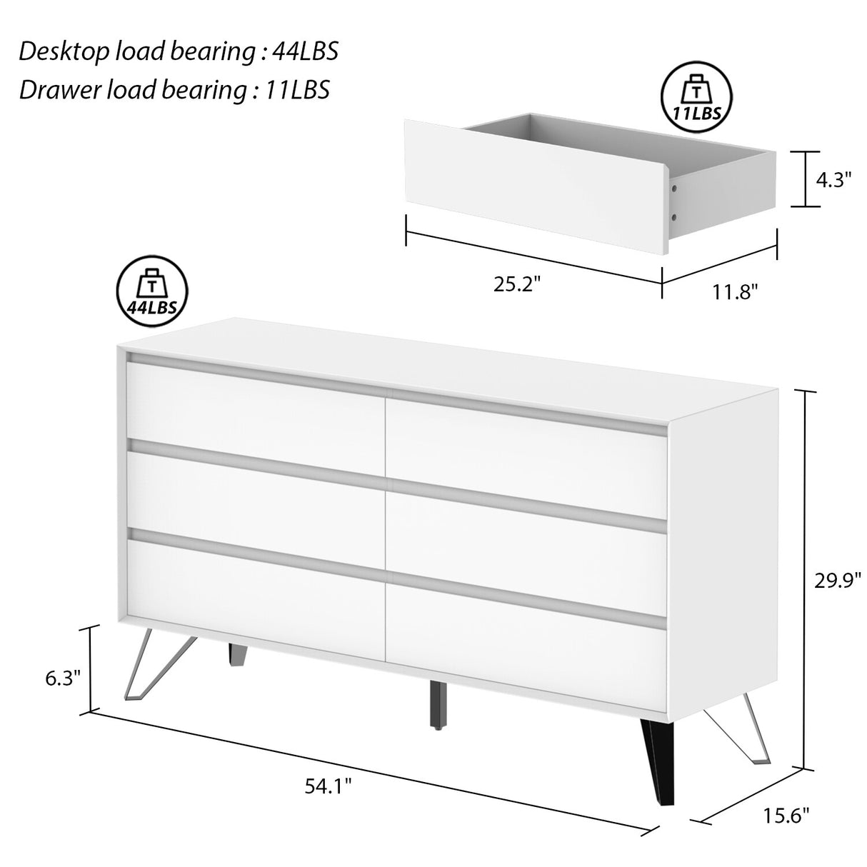 54'' Timechee White 6 Drawer Double Dresser Chest With Metal Legs