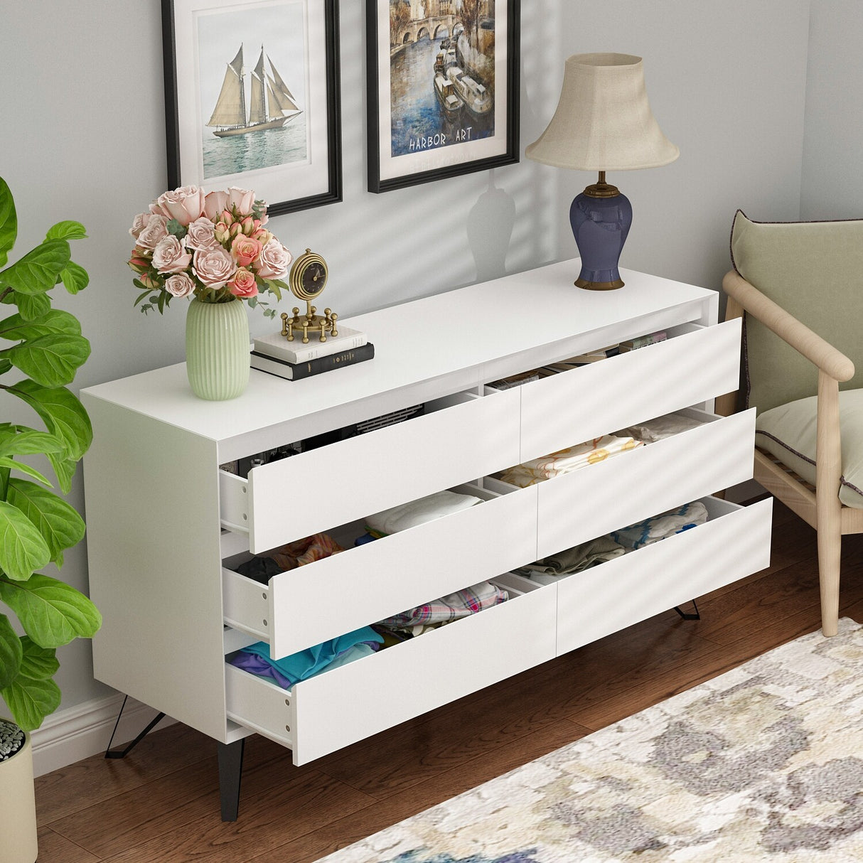 54'' Timechee White 6 Drawer Double Dresser Chest With Metal Legs