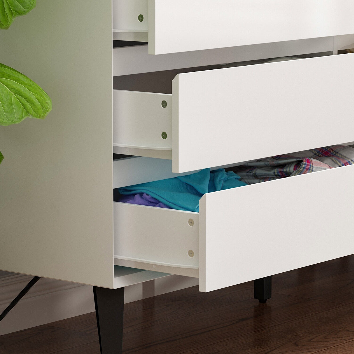 54'' Timechee White 6 Drawer Double Dresser Chest With Metal Legs