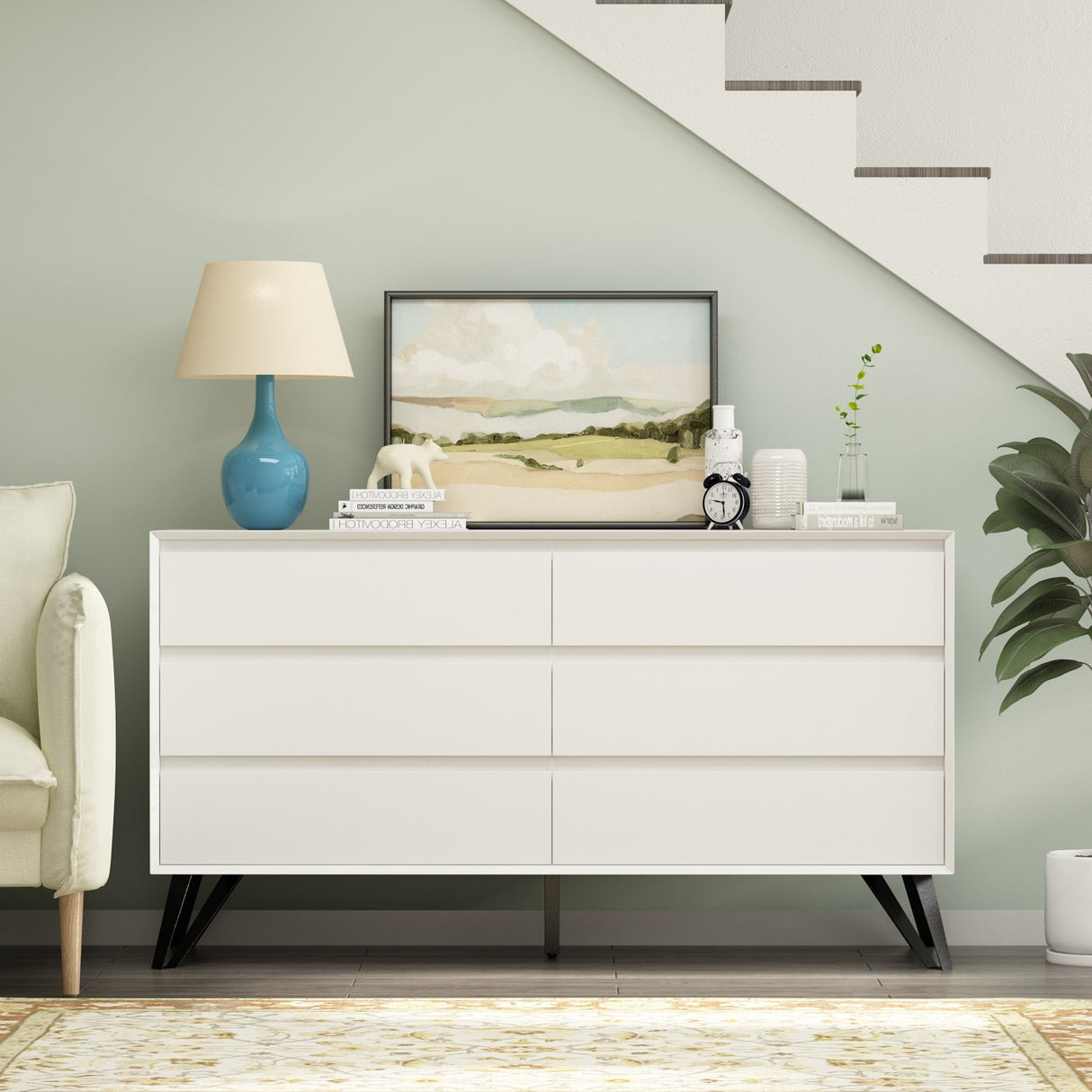 54'' Timechee White 6 Drawer Double Dresser Chest With Metal Legs