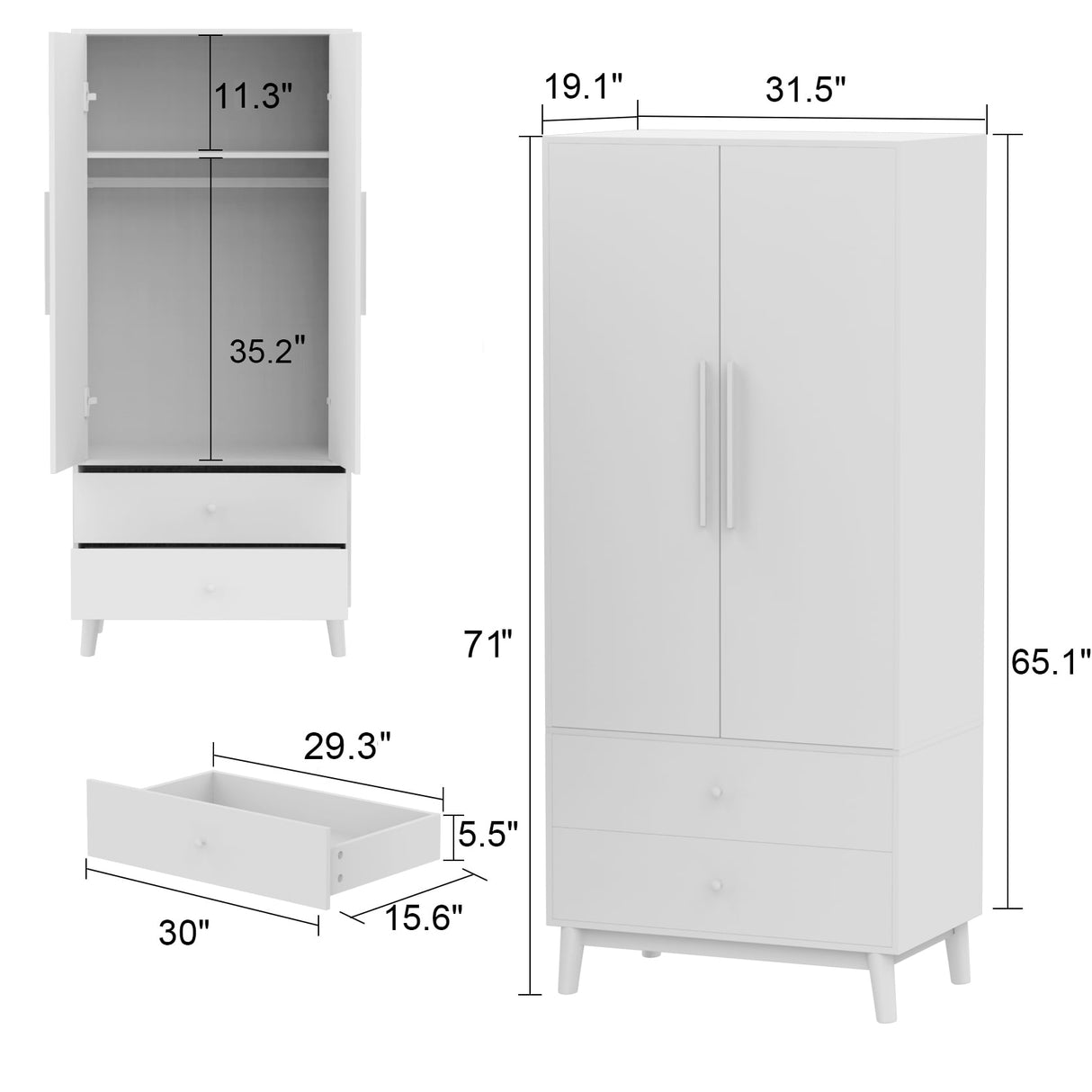 70.9"H Armoires & Wardrobe Two Drawers Hanging Storage Closet Cabinet