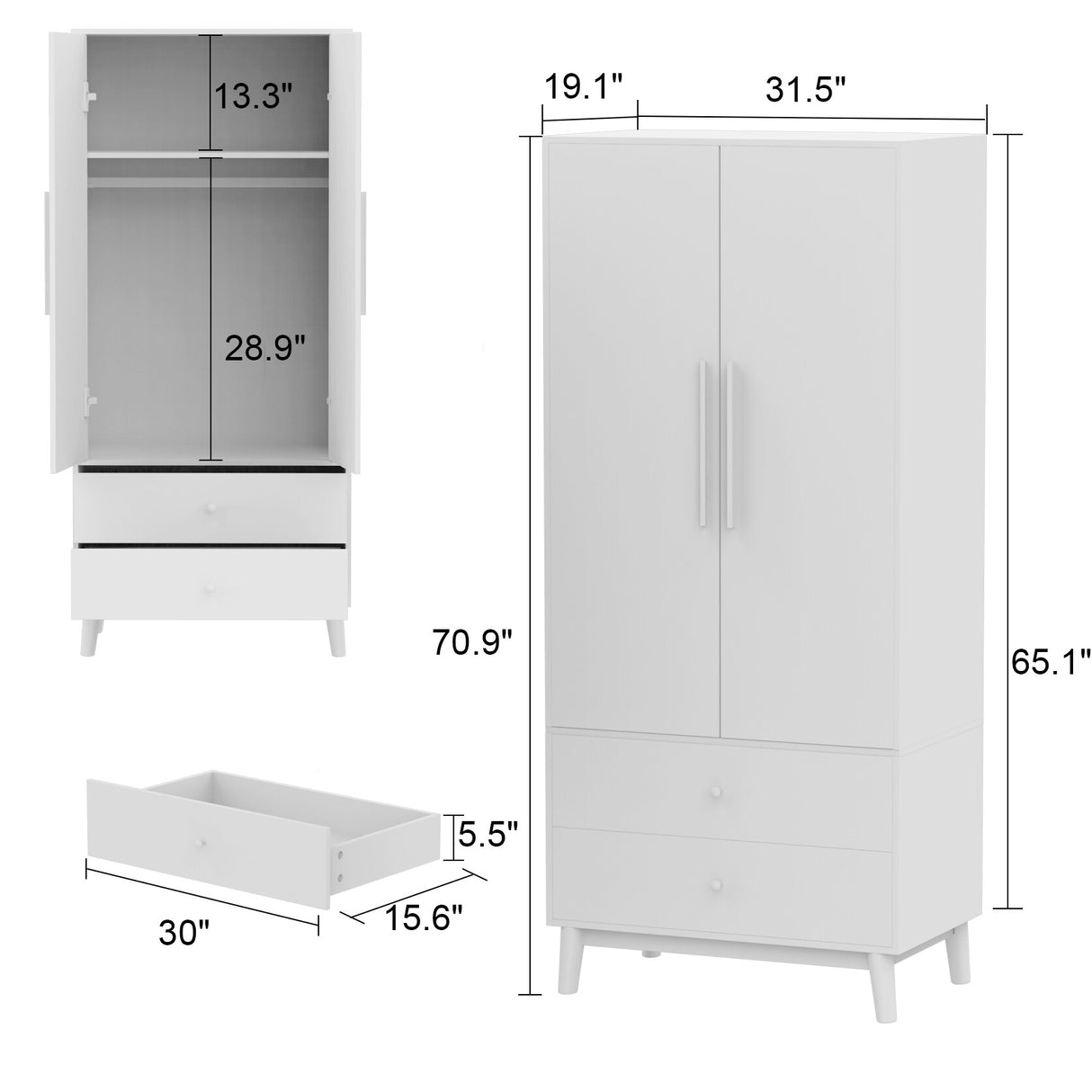 70.9"H Armoires & Wardrobe Two Drawers Hanging Storage Closet Cabinet