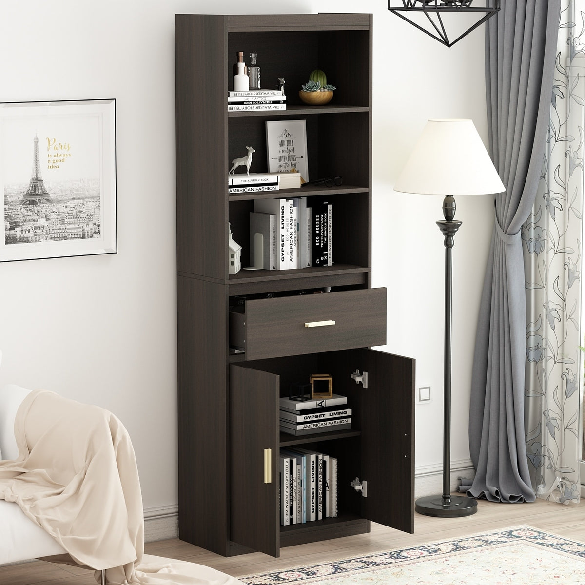 Timechee 70" Tall Bookcase, 2-Door Cabinet Storage w/ Drawer