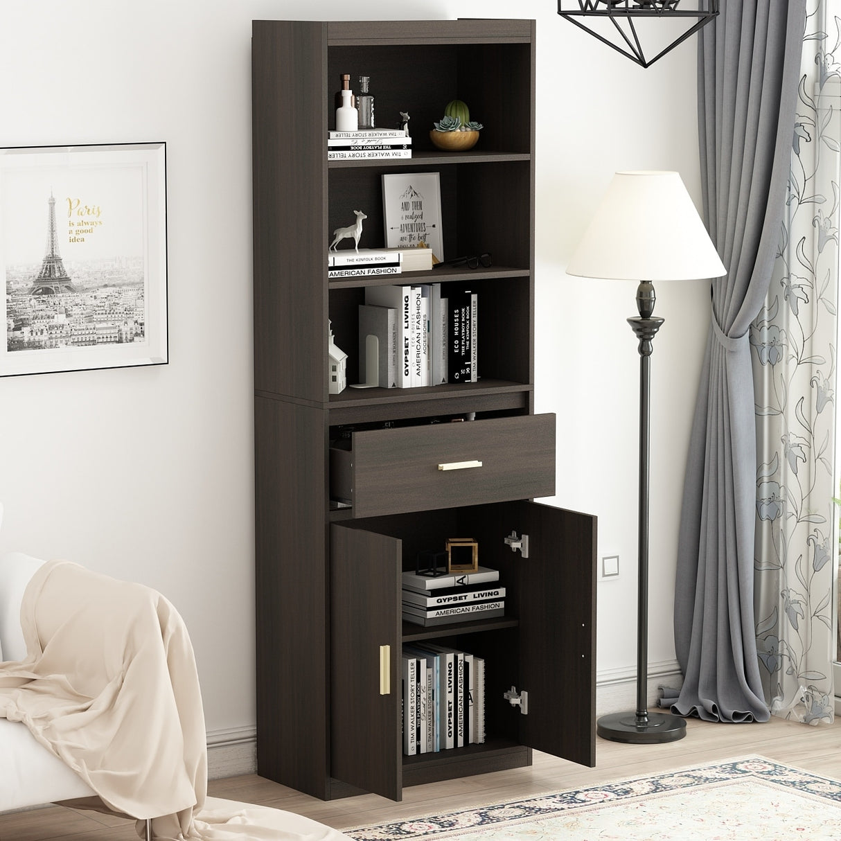 Timechee 70" Tall Bookcase, 2-Door Cabinet Storage w/ Drawer
