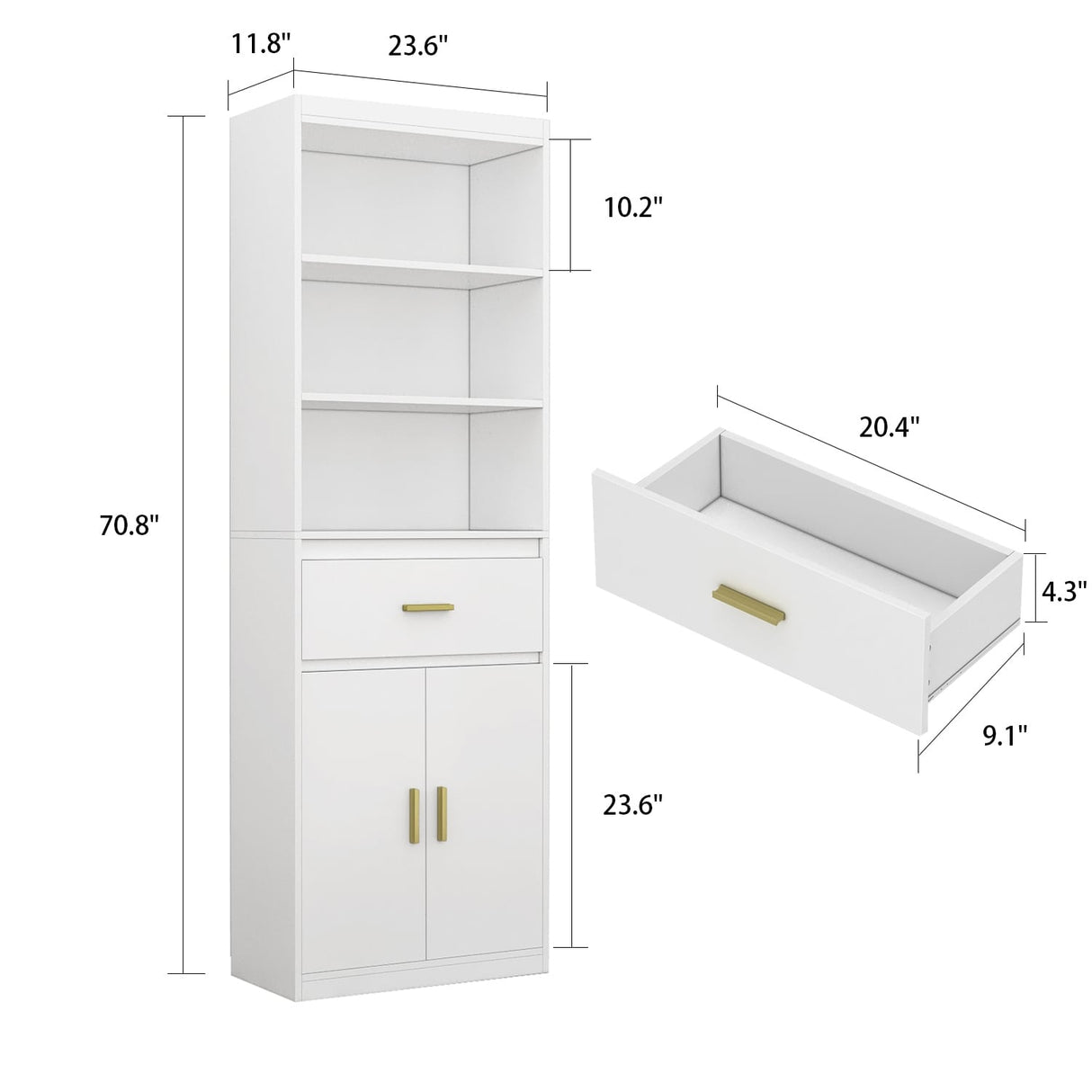 Timechee 70" Tall Bookcase, 2-Door Cabinet Storage w/ Drawer