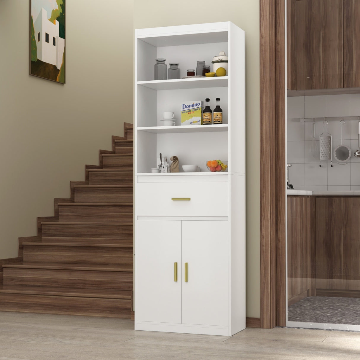 Timechee 70" Tall Bookcase, 2-Door Cabinet Storage w/ Drawer
