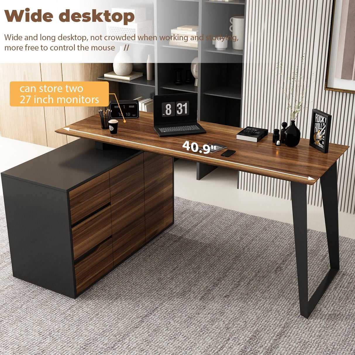 Timechee Home Office Desk L-Shaped Desk with Drawers Cabinet Corner Desk