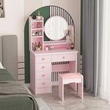 Timechee Makeup Vanity Set with Round Mirror, Drawers & Shelves - Pink - 31.5''L x 15.7''W x 52''H