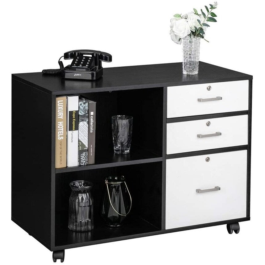 FCH Wood File Cabinet with 3 Drawer and 2 Open Shelves Office Storage Cabinet with Wheel Printer Stand, 35.5"L x 15.7"W x 26"H