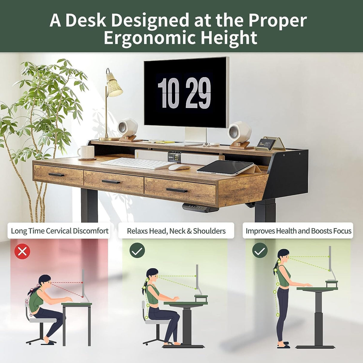 FEZIBO/Home Office Furniture/Wood/Standing Desk With 3 Drawers/Desks
