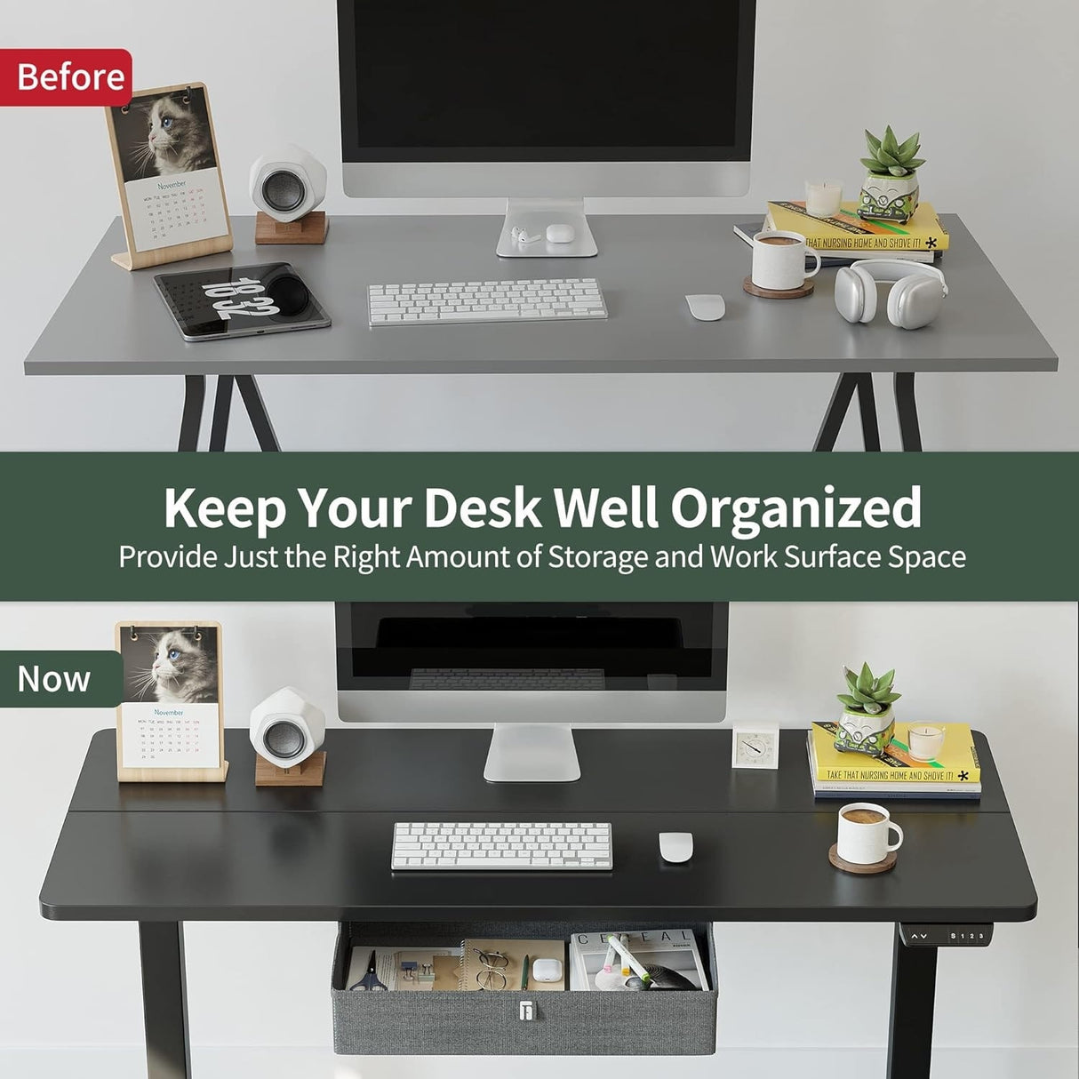 FEZIBO Standing Desk with Drawer, Adjustable Height Electric Stand up Desk with Storage, Sit Stand Home Office Desk