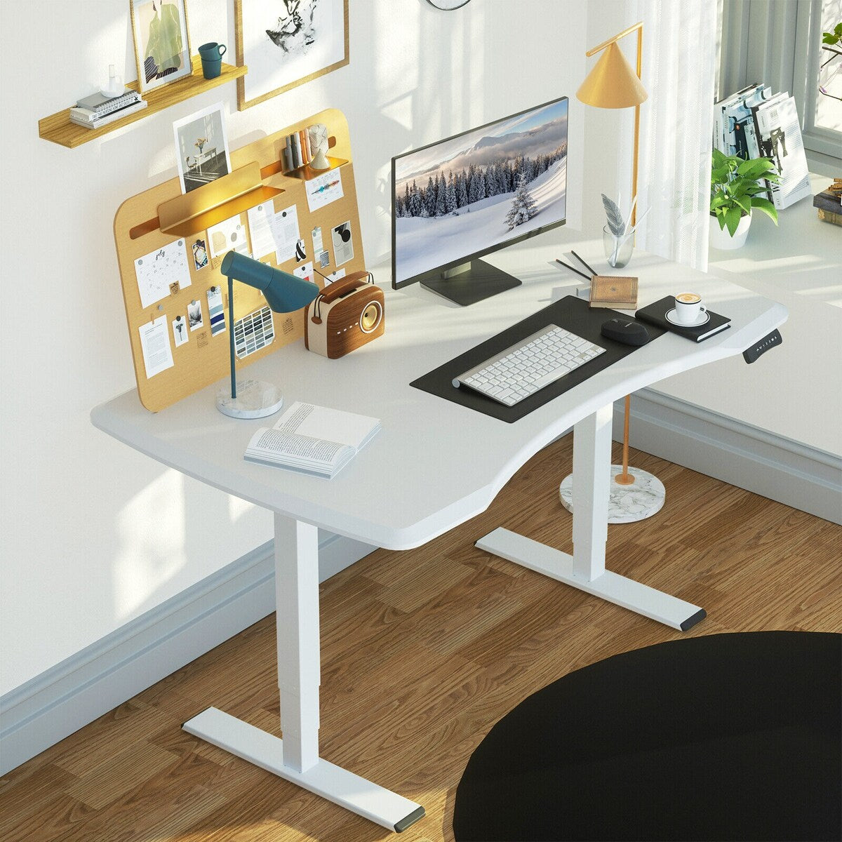 FLEXISPOT Dual Motol 3-Stage Ergonomic Adjustable Height Home Office Standing Desk with Curved Fiberboard-White Frame
