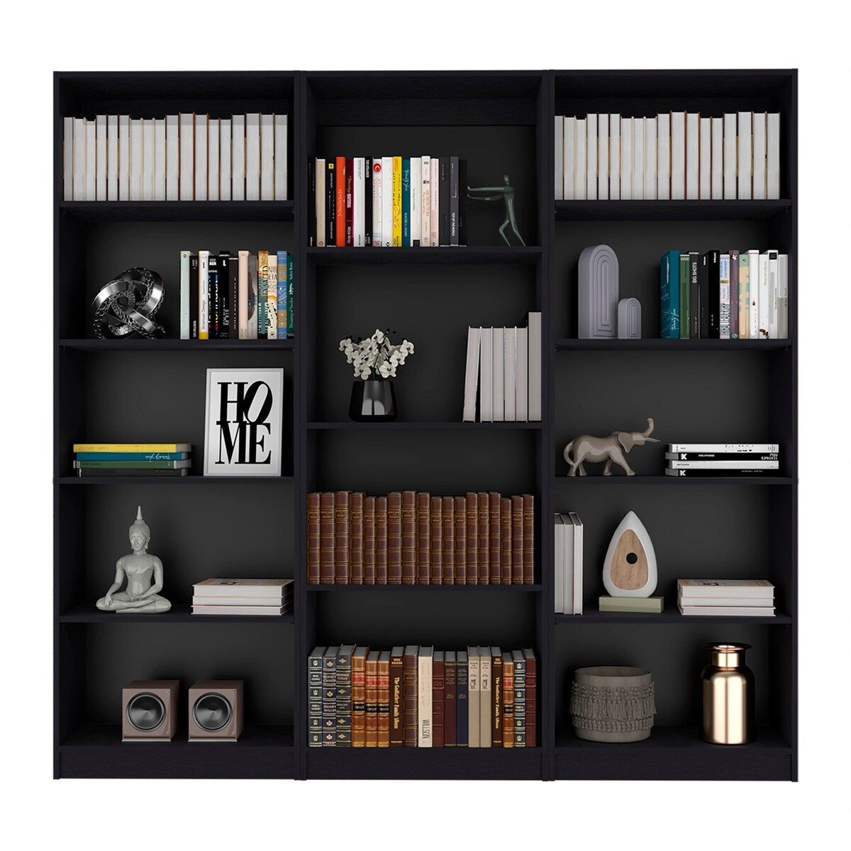 FM FURNITURE Arrey 3 Piece Living Room Set with Sutton Bookcase + 2 Sutton 4 Shelves Bookcase, Black