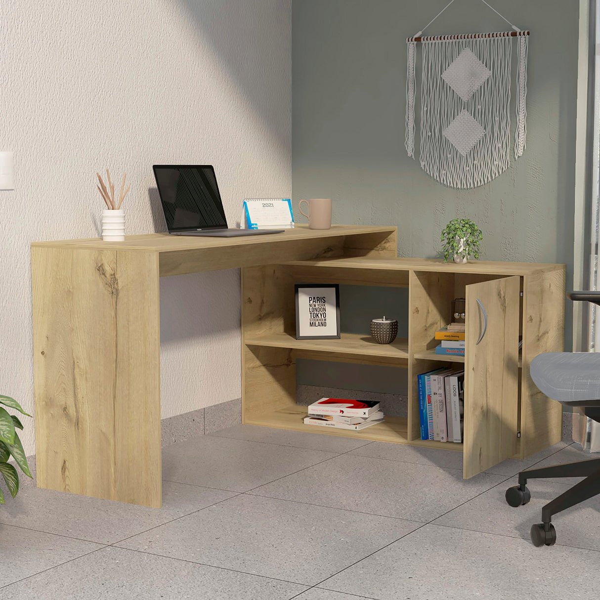FM Furniture Dallas L-Shaped Home Office Desk, Two Shelves, Single Door Cabinet