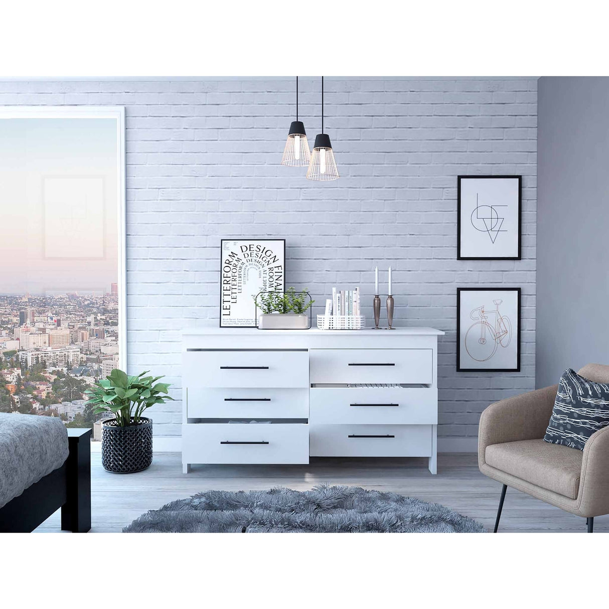 FM Furniture Luxor 6 Drawer Double Dresser with Roller Guides, Metal Pulls and 4 Legs