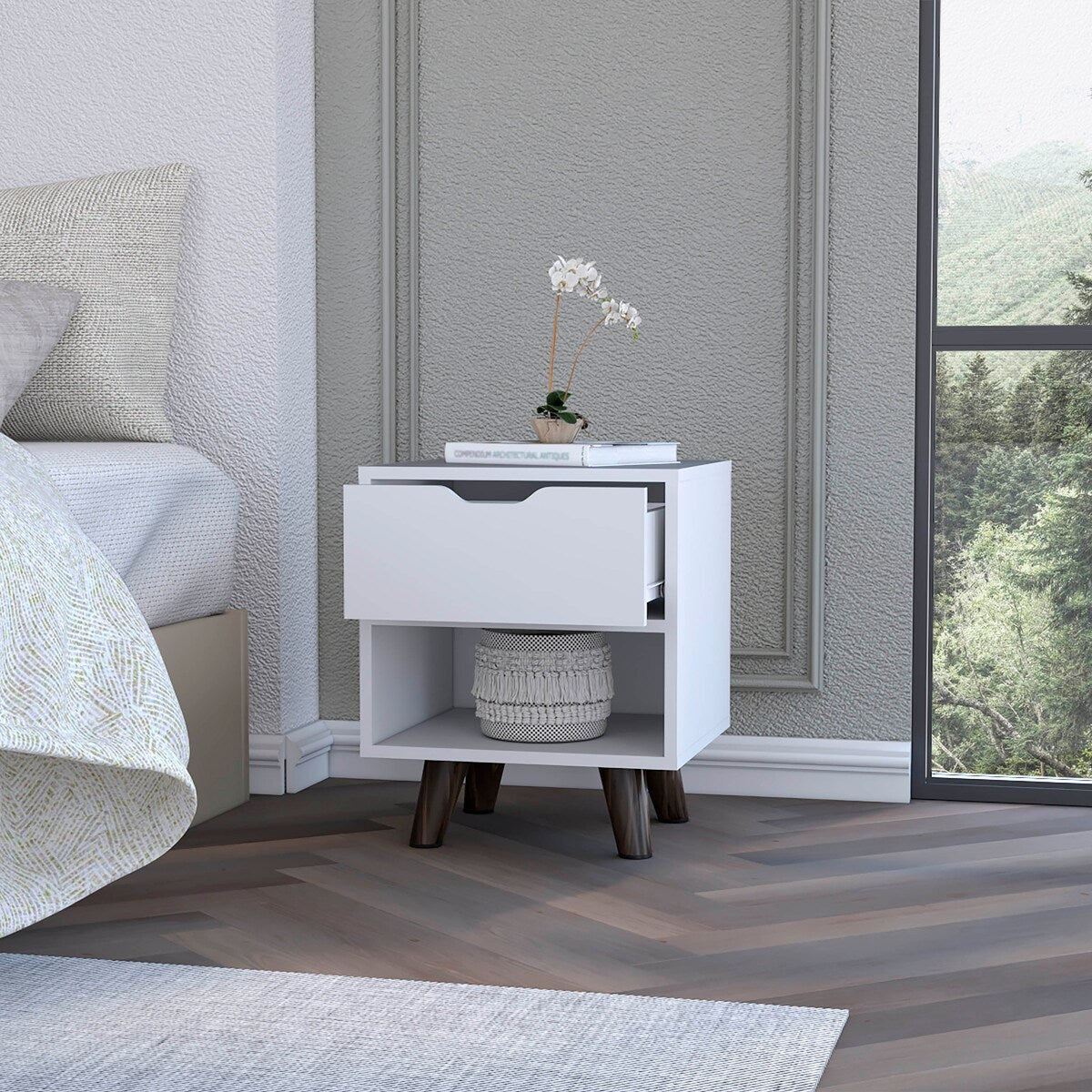 FM Furniture Carthage Nightstand with 1-Drawer, Open Storage Shelf and Wooden Legs, White