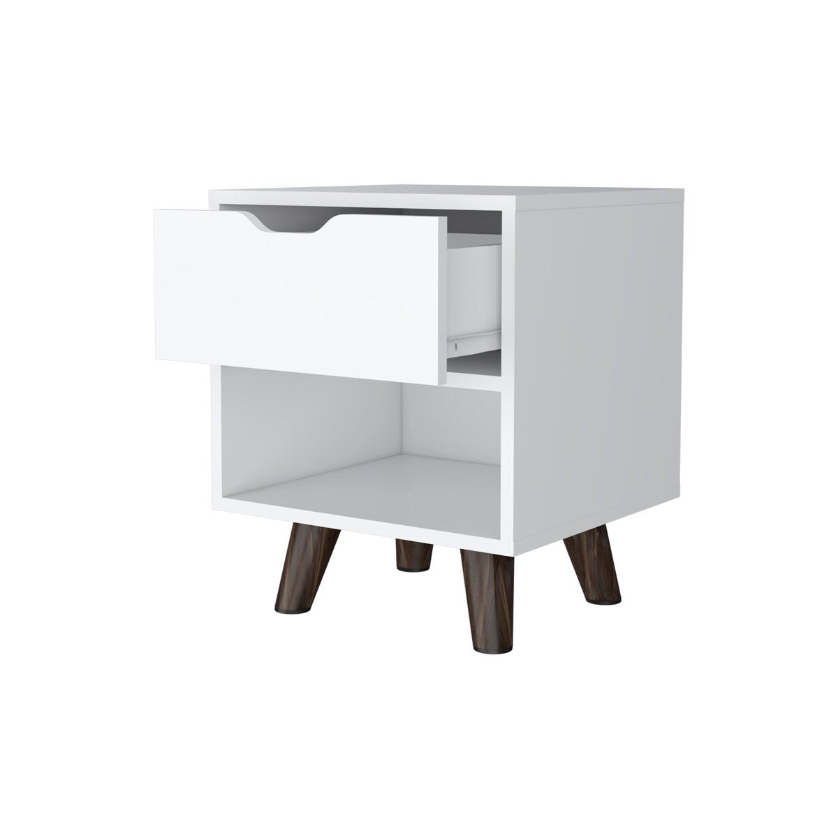 FM Furniture Carthage Nightstand with 1-Drawer, Open Storage Shelf and Wooden Legs, White