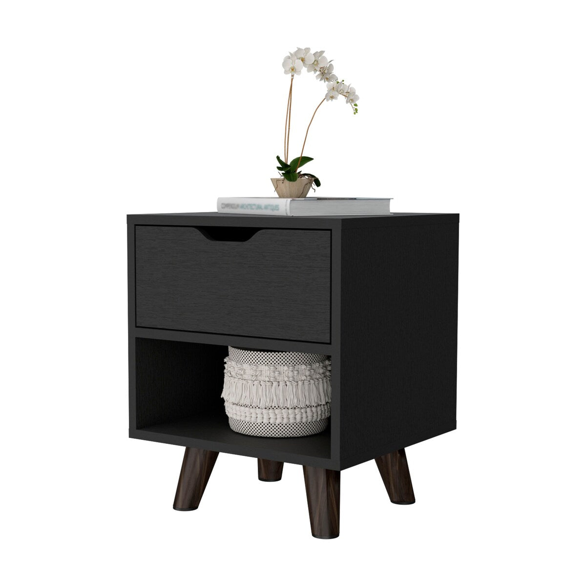 FM Furniture Carthage Nightstand with 1-Drawer, Open Storage Shelf and Wooden Legs, White