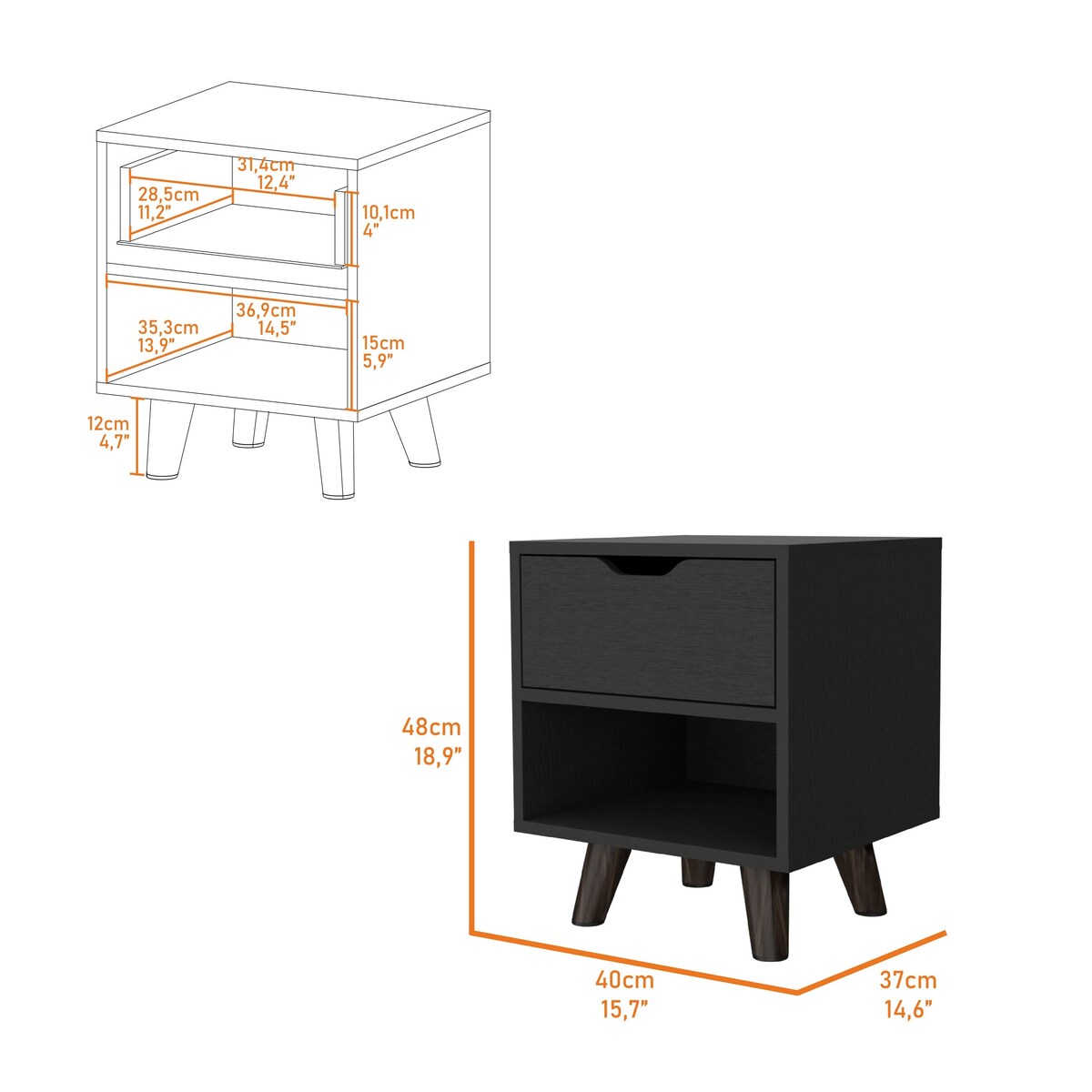 FM Furniture Carthage Nightstand with 1-Drawer, Open Storage Shelf and Wooden Legs, White