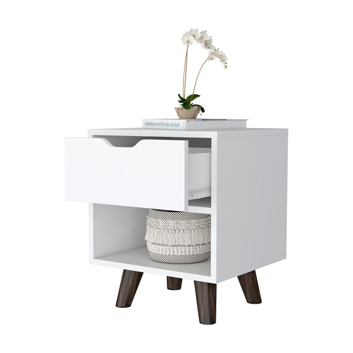 FM Furniture Carthage Nightstand with 1-Drawer, Open Storage Shelf and Wooden Legs, White
