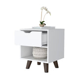 FM Furniture Carthage Nightstand with 1-Drawer, Open Storage Shelf and Wooden Legs, White