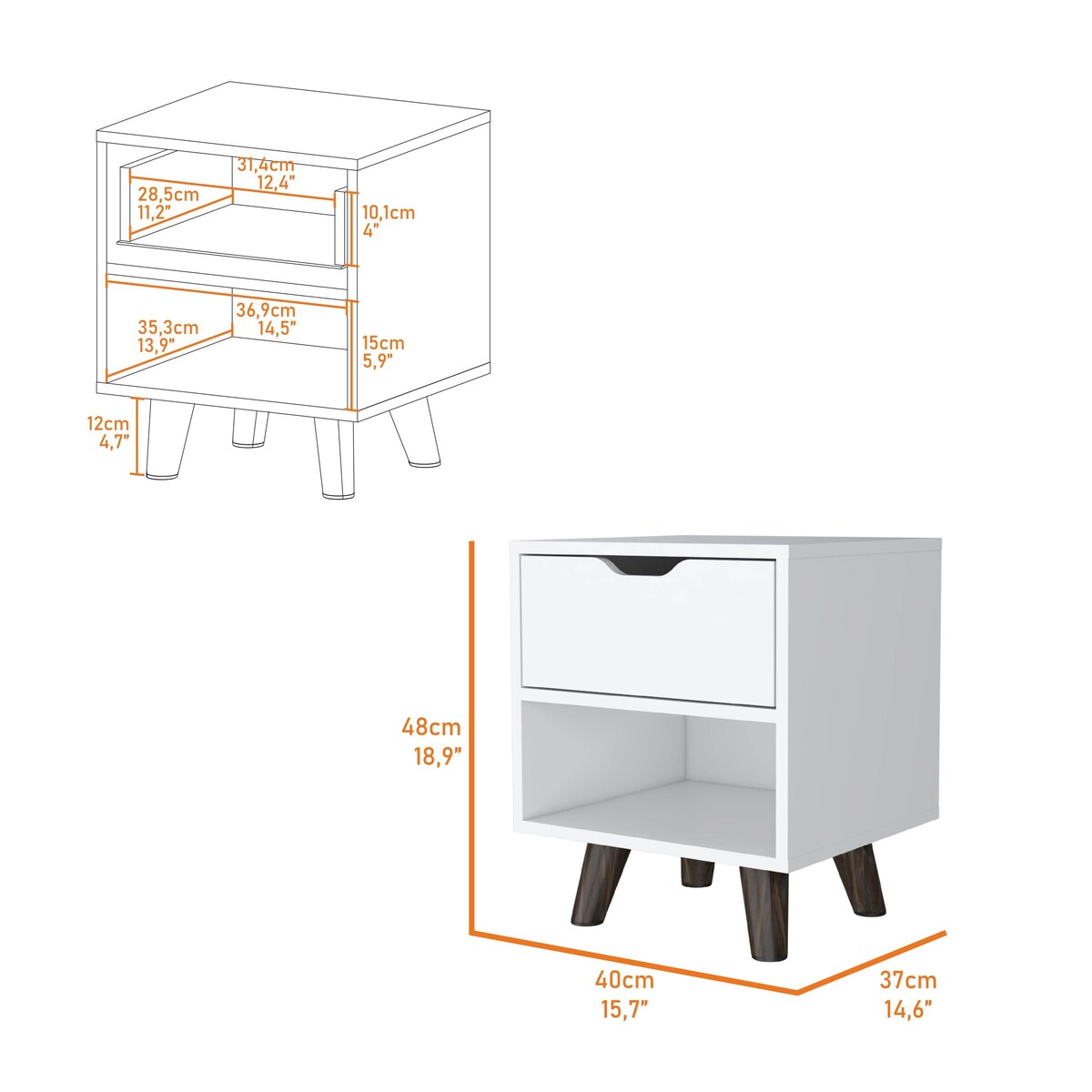 FM Furniture Carthage Nightstand with 1-Drawer, Open Storage Shelf and Wooden Legs, White