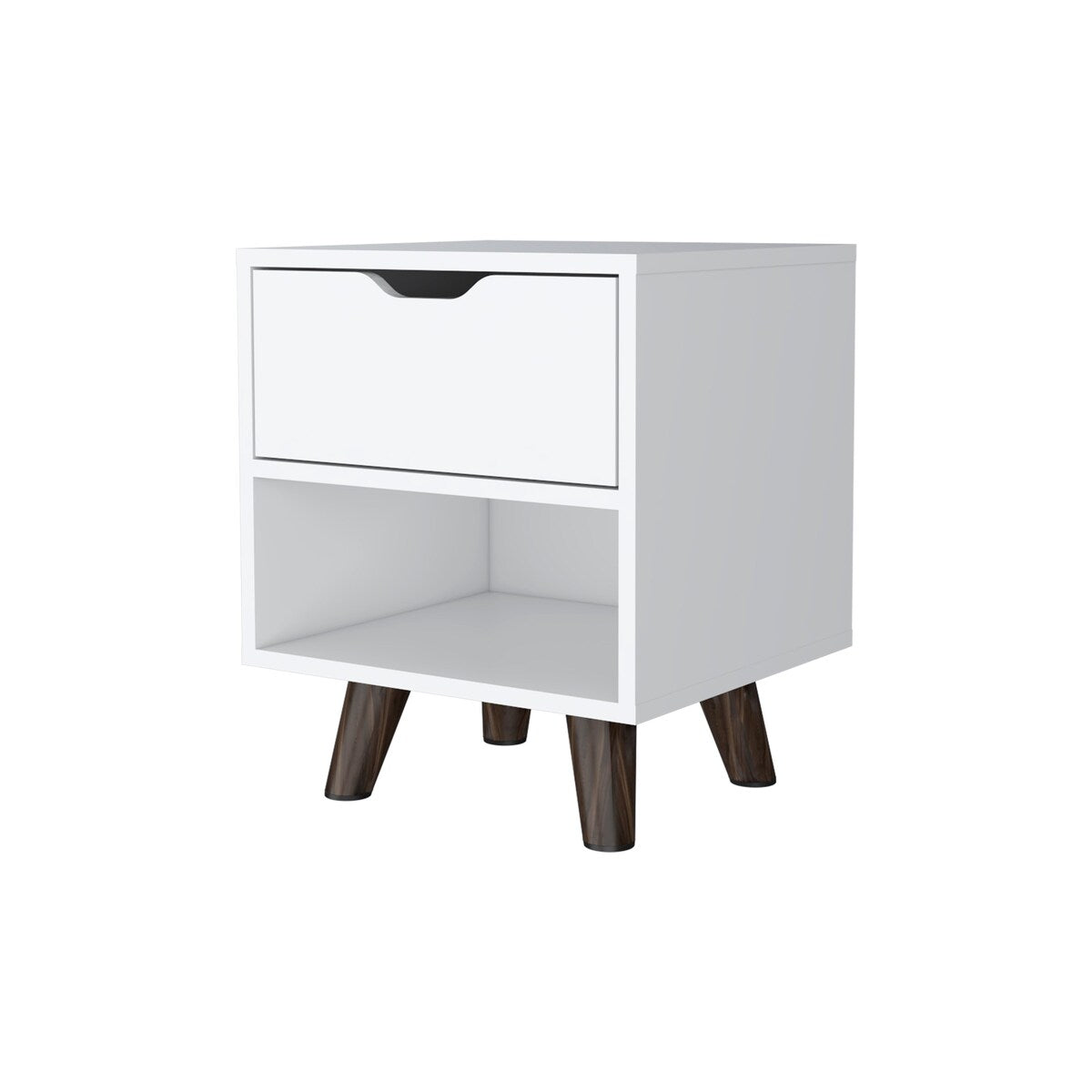 FM Furniture Carthage Nightstand with 1-Drawer, Open Storage Shelf and Wooden Legs, White