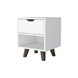 FM Furniture Carthage Nightstand with 1-Drawer, Open Storage Shelf and Wooden Legs, White