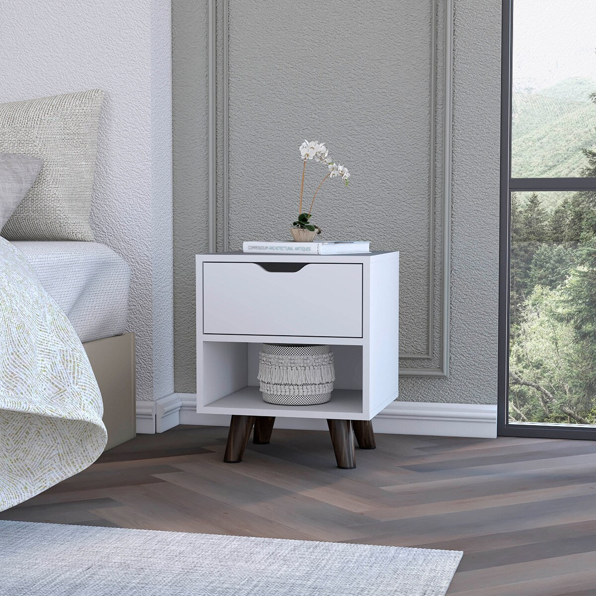 FM Furniture Carthage Nightstand with 1-Drawer, Open Storage Shelf and Wooden Legs, White