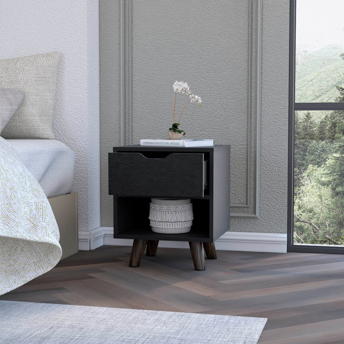 FM Furniture Carthage Nightstand with 1-Drawer, Open Storage Shelf and Wooden Legs, White