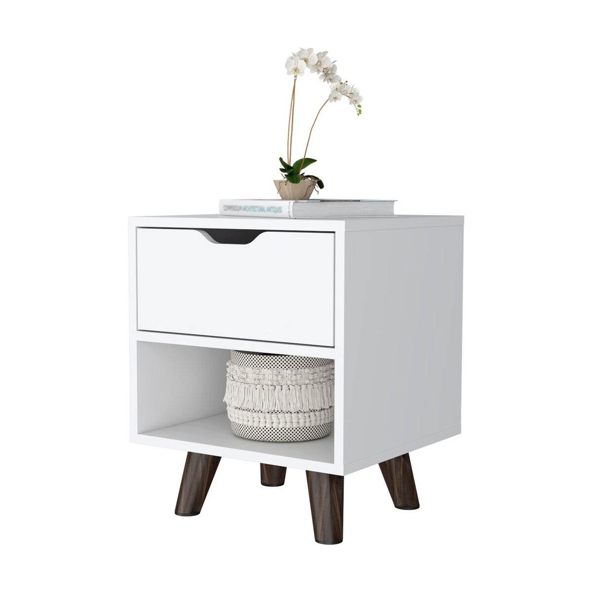 FM Furniture Carthage Nightstand with 1-Drawer, Open Storage Shelf and Wooden Legs, White