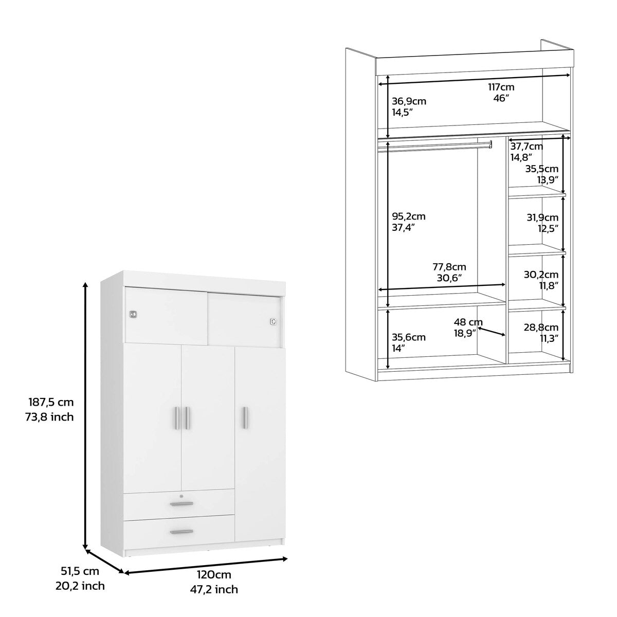 FM Furniture Elirya 2-Piece Bedroom Set with Armoire and 2-Drawer Nightstand, White/Light Oak