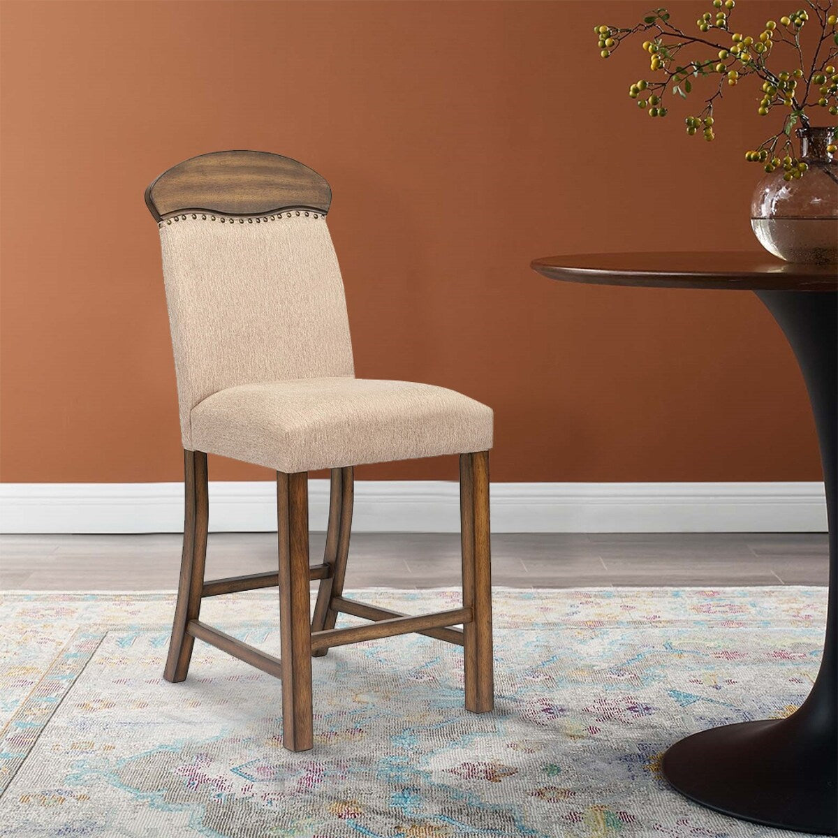 Fabric Counter Height Chair with Arched Wooden Top,Set of 2,Beige and Brown