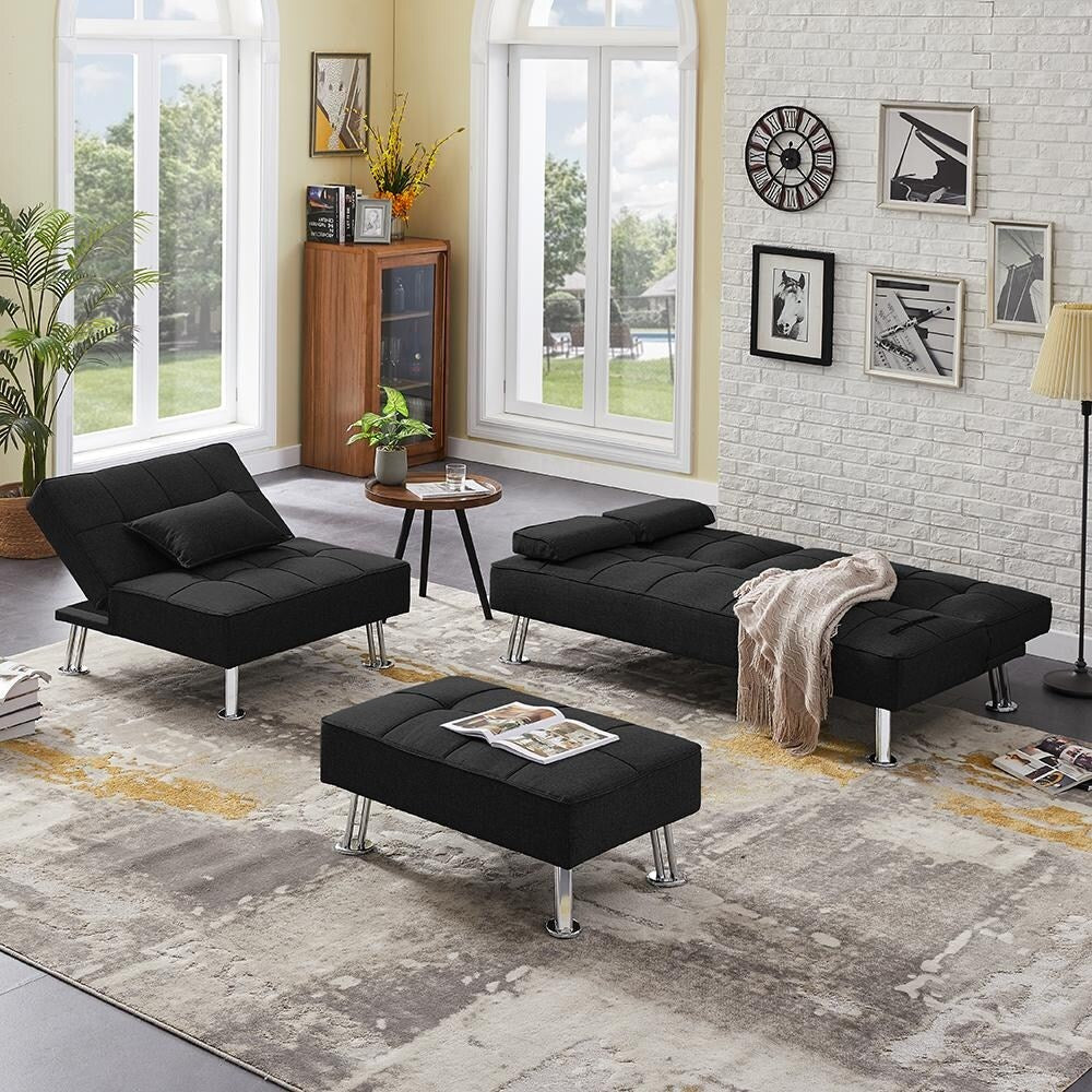 Fabric Folding Sofa Bed with 2 Cup Holders Sofa Bed with Ottoman
