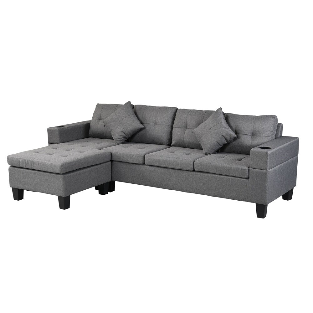 Fabric L Shape Sectional Sofa Set with Cup Holder, Pillows