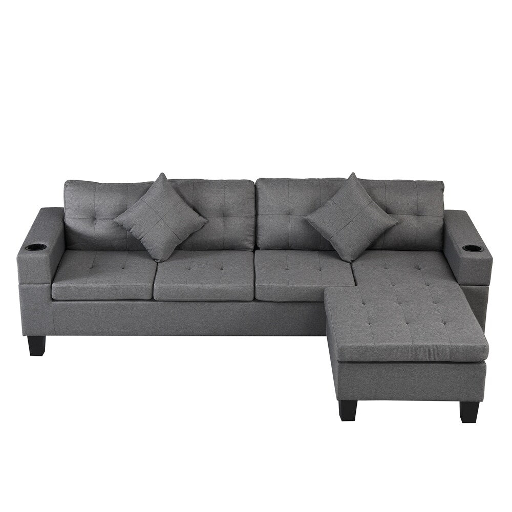 Fabric L Shape Sectional Sofa Set with Cup Holder, Pillows
