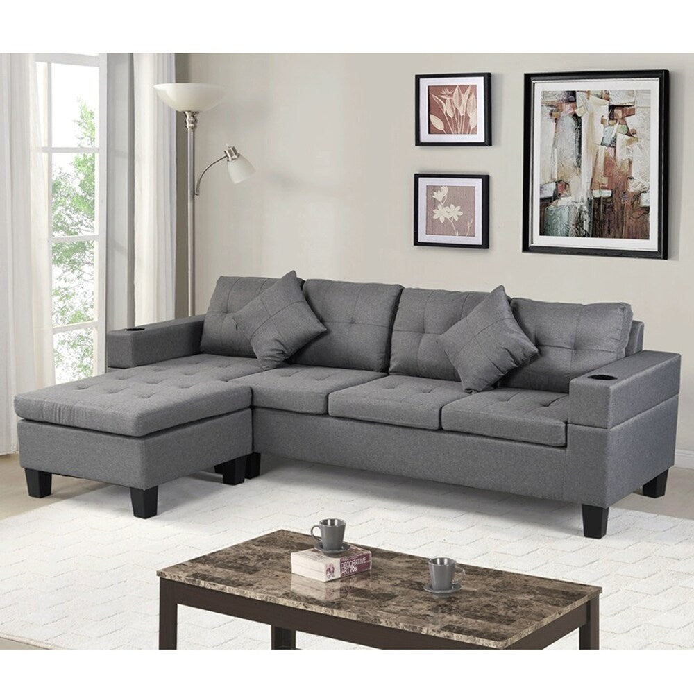 Fabric L Shape Sectional Sofa Set with Cup Holder, Pillows