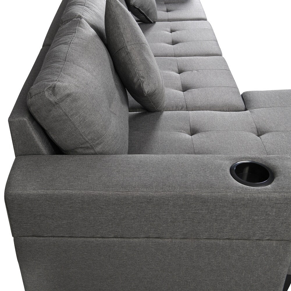 Fabric L Shape Sectional Sofa Set with Cup Holder, Pillows