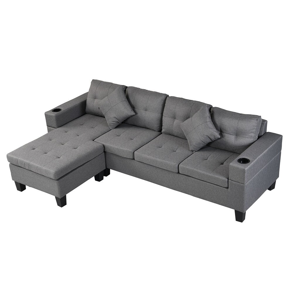 Fabric L Shape Sectional Sofa Set with Cup Holder, Pillows