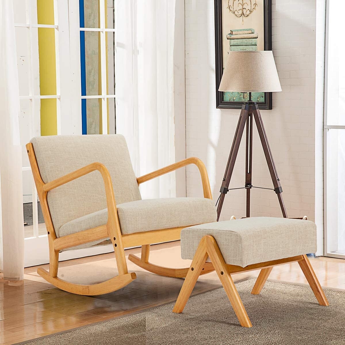 EROMMY Fabric Rocking Chair,Mid-Century Glider Rocker with Padded Seat, with Ottoman,Seat Wood Base,Linen Accent Chair