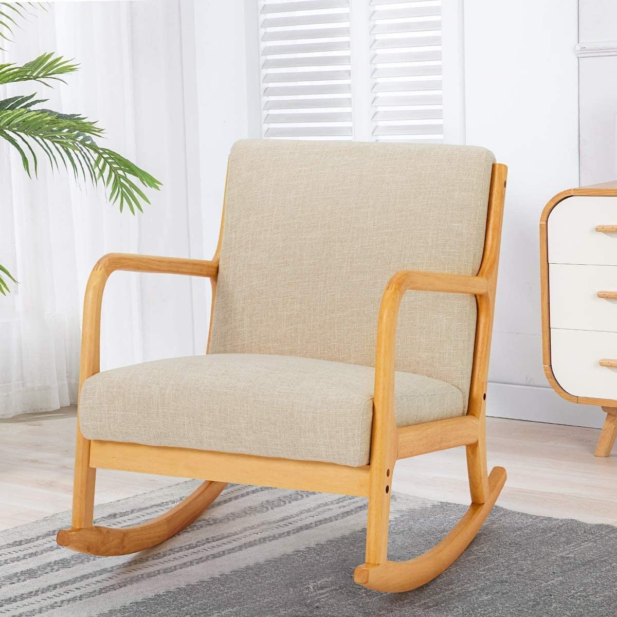 EROMMY Fabric Rocking Chair,Mid-Century Glider Rocker with Padded Seat, with Ottoman,Seat Wood Base,Linen Accent Chair